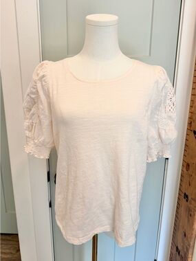 Design Story Puff Sleeve Top Crochet Granny Square Large Cotton Natural